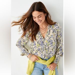 Maurices Women’s Yellow Floral Button Down Ruffle Neck Blouse